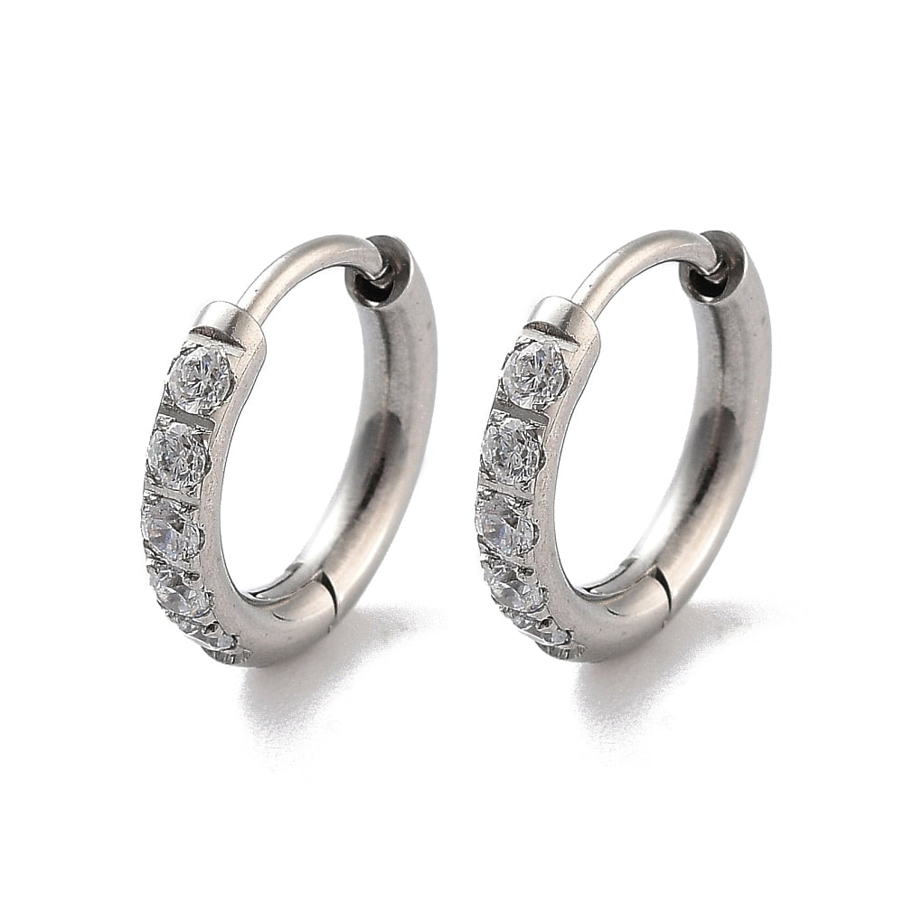 316 Surgical Stainless Steel Pave Clear Cubic Zirconia Hoop Earrings Women Stainless Steel color 12x2mm