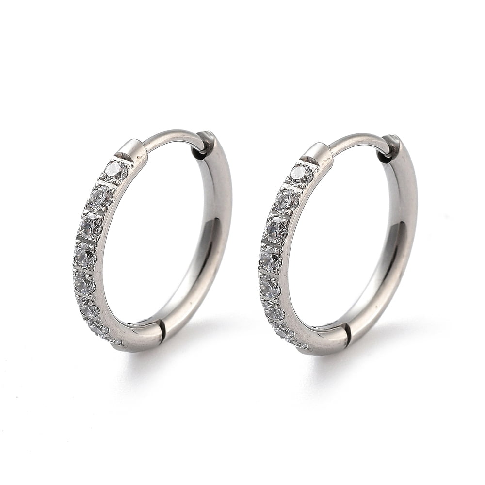 316 Surgical Stainless Steel Pave Clear Cubic Zirconia Hoop Earrings Women Stainless Steel color 16x2mm