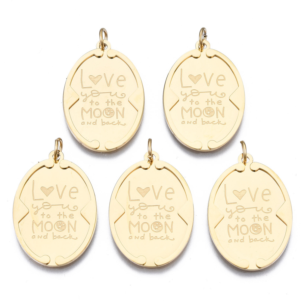316 Surgical Stainless Steel Pendants with Jump Rings Oval with Word Love Moon Real 14K Gold Plated 27.5x18x1.5mm Hole: 3mm Jump Ring: 5x1mm