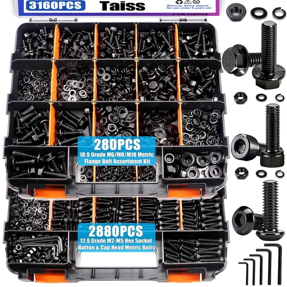 3160PCS Metric Flange Bolt Assortment Kit,Nuts and Bolts Assortment Kit M2 M3 M4 M5 M6x1.0 M8x1.25 M10x1.5 Bolt(4-45mm) 42 Sizes Hex Socket Button & Cap Head Metric Screw 10.9 Black Zinc Plated