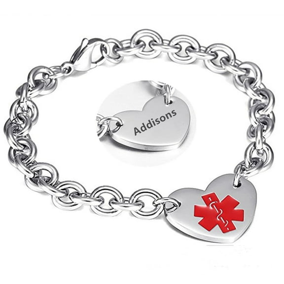 316L Stainless Steel Addisons Engraved Medical Alert Heart Charm Link Bracelet Rolo Chain Medic ID Bracelets Monitoring Awareness for Womens for Outdoor Emergency