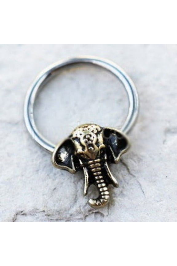 316L Stainless Steel Antique Bronze Plated Elephant Snap-in Captive Bead Ring