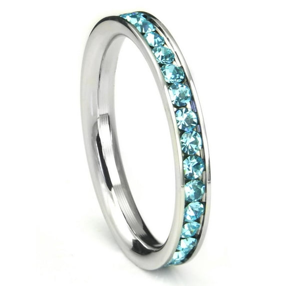 316L Stainless Steel Aquamarine Light Blue Cubic Zirconia CZ Eternity Wedding 3MM Band Ring Sz 11