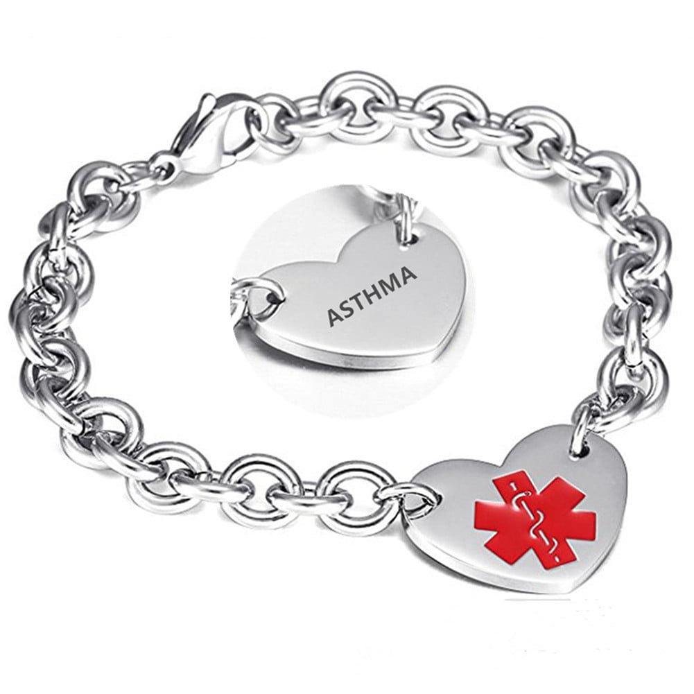 316L Stainless Steel Asthma Engraved Medical Alert Heart Charm Link Bracelet Rolo Chain Medic ID