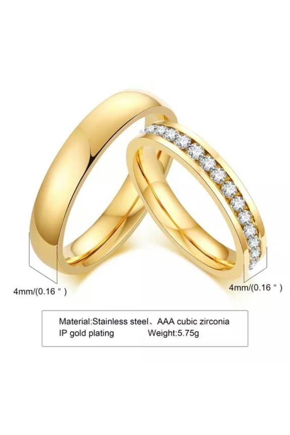 316L Stainless Steel Band Rings Men's/Women's 4mm Gold Cz Couple Rings Size 6-12
