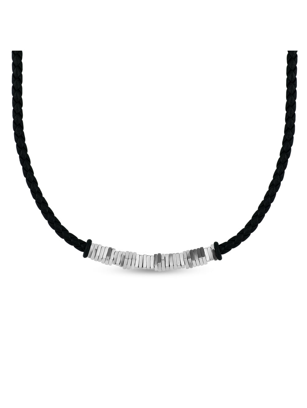316L Stainless Steel Black Cord and Multiple Square Center Leather Braided Necklace, 24"