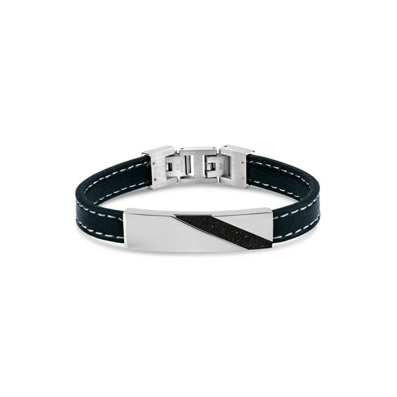 316L Stainless Steel Black IP Stripe Leather Bracelet, 9"