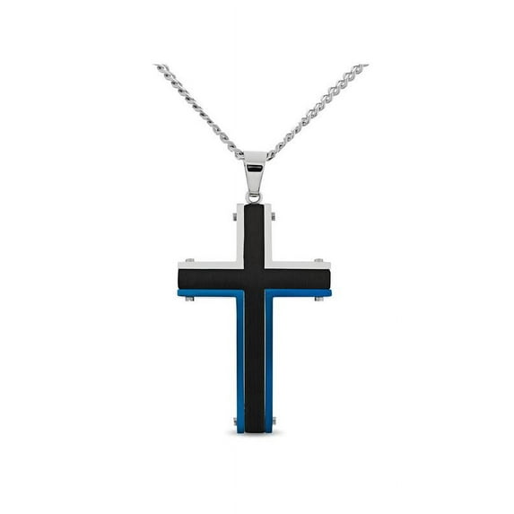 316L Stainless Steel Blue And Black IP Cross Pendant Necklace 24 Inches