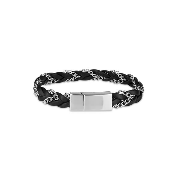 316L Stainless Steel Braided Chain Link Leather Bracelet, 8.5"