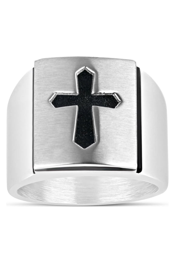 316L Stainless Steel Brushed Black IP Cross Men's Ring