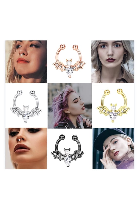 316L Stainless Steel Clear Cubic Zirconia Bat Clip-on Nose Septum Rings Nose Non Piercing Jewelry Golden 10mm