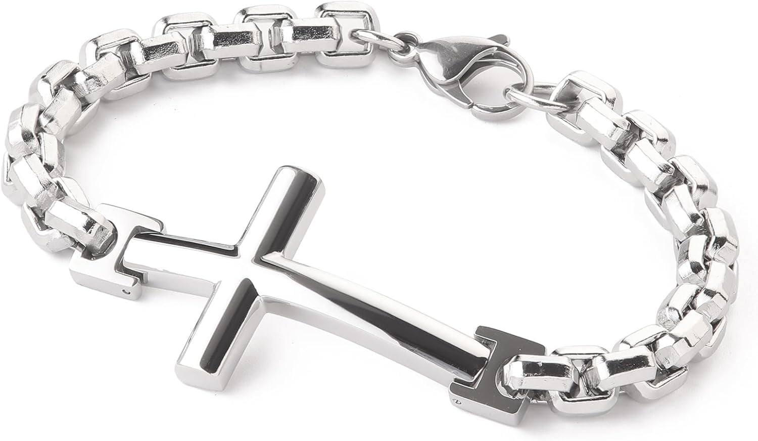 316L Stainless Steel Cross Christian Bracelet Mens Cuff Rhodium
