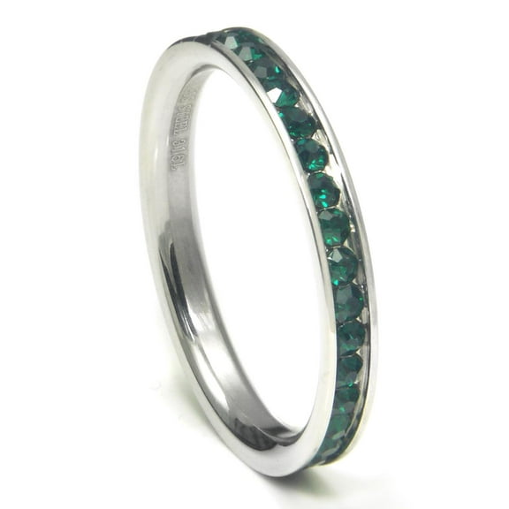 316L Stainless Steel Emerald Green Cubic Zirconia CZ Eternity Wedding 3MM Band Ring Sz 8