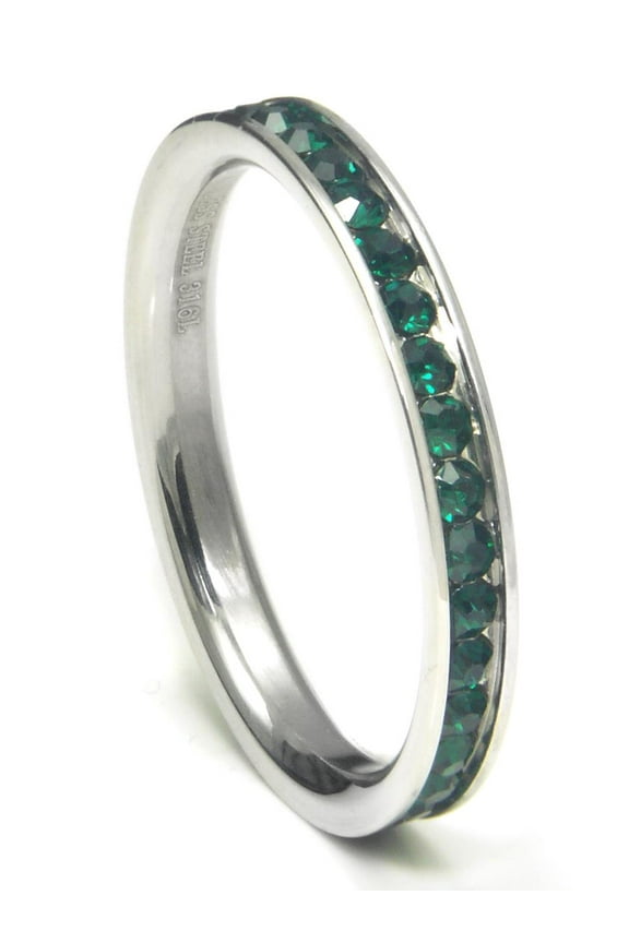 316L Stainless Steel Emerald Green Cubic Zirconia CZ Eternity Wedding 3MM Band Ring Sz 8
