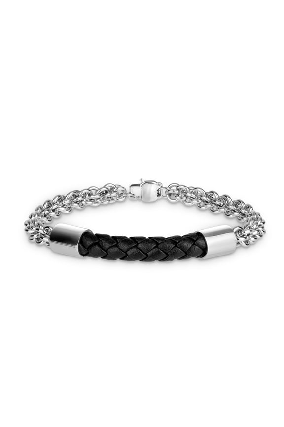 316L Stainless Steel Flexible ID Black Braided Leather Bracelet, 8.5"