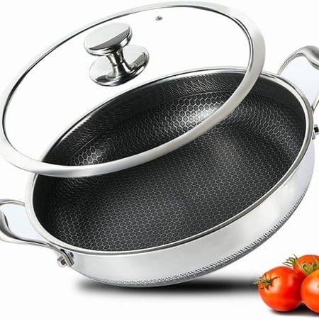 304L Stainless Steel Frying Pan-12inch Hybrid Nonstick Induction Pan with Lid, Two Handle Hold, Dishwasher Oven Safe, Paella Pan for Stir fry/Toast/Roast/Bake/Stew, 6 Quart