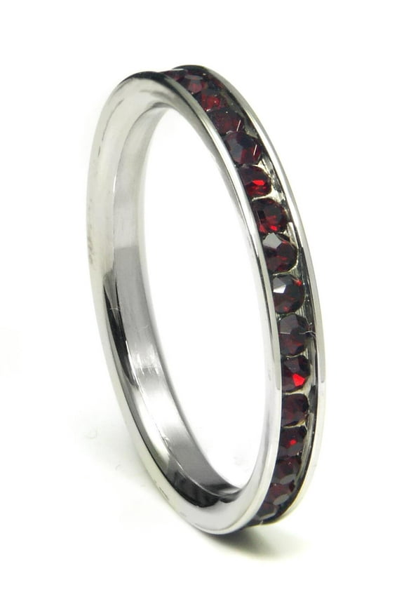 316L Stainless Steel Garnet Red Cubic Zirconia CZ Eternity Wedding 3MM Band Ring Sz 9