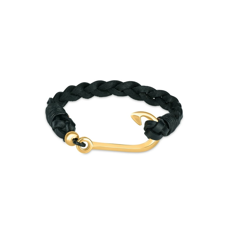 316L Stainless Steel Gold IP Anchor Leather Braided Bracelet, 8.5 