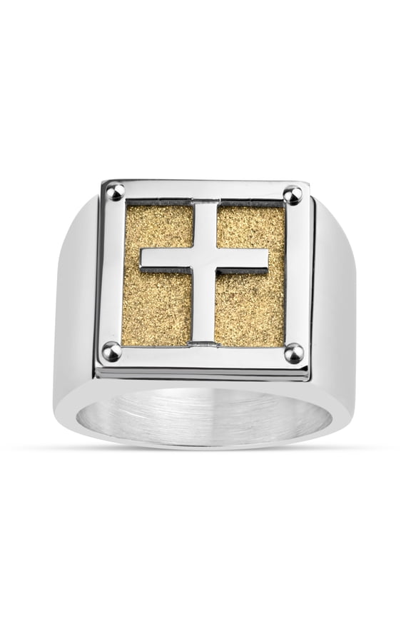 316L Stainless Steel Gold IP Cross Square Top Men's Ring