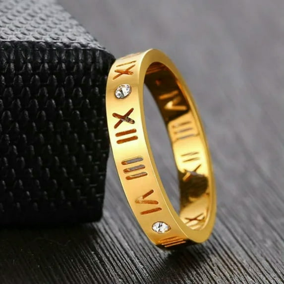 316L Stainless Steel Hollow Roman Numerals Band Womens Rhinestones Ring Size 6-8