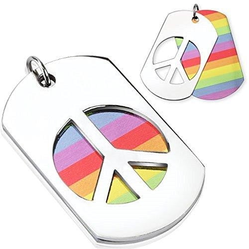 316L Stainless Steel Horizontal Rainbow and Carved Out Peace Sign Stainless Steel Double Dogtag Pendant