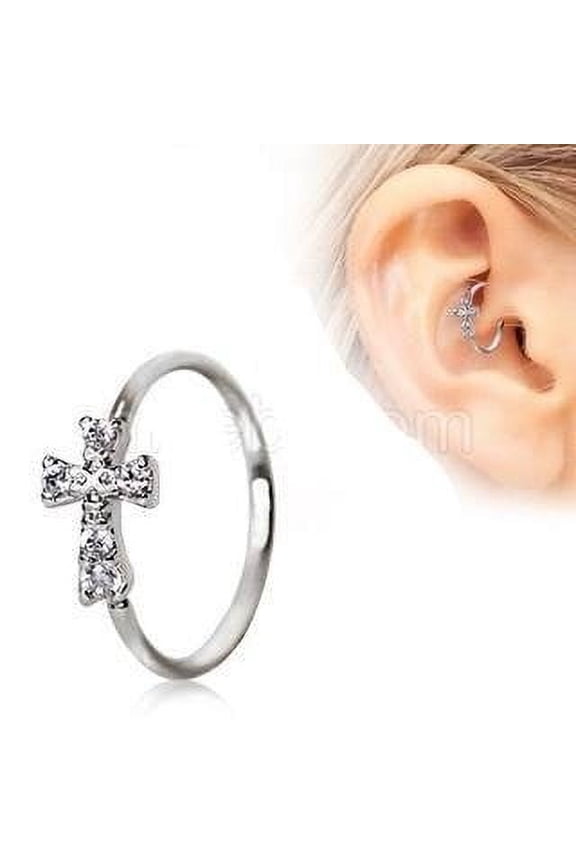 316L Stainless Steel Jeweled Cross Cartilage Earring / Nose Hoop Ring