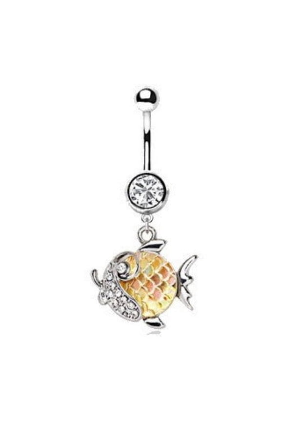 316L Stainless Steel Jeweled Gold Fish Dangle Navel Ring