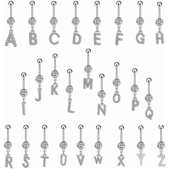 316L Stainless Steel Letter Belly Ring - 1.6mm Thickness, 10mm Bar Length, 8mm Zircon Charm, Hypoallergenic Navel Piercing Jewelry, High Polish Finish S-