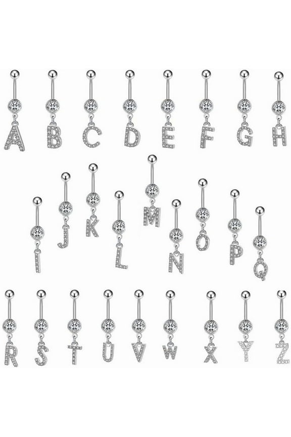 316L Stainless Steel Letter Belly Ring - 1.6mm Thickness, 10mm Bar Length, 8mm Zircon Charm, Hypoallergenic Navel Piercing Jewelry, High Polish Finish S-