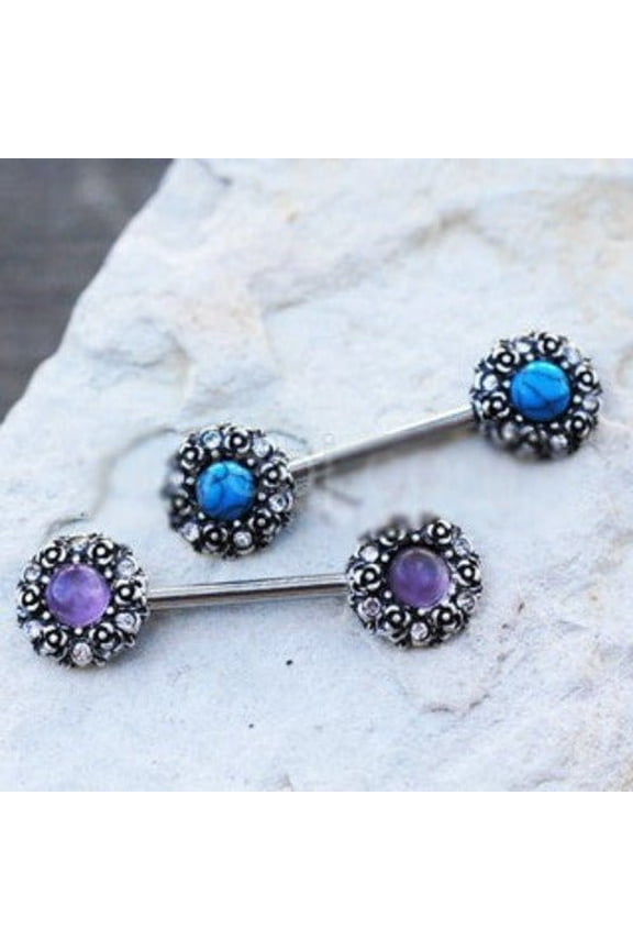 316L Stainless Steel Medieval Rose Nipple Bar Set with Stone Inlay