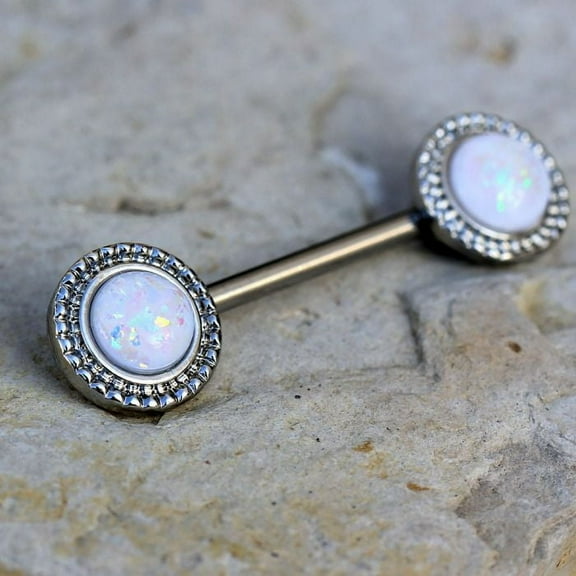 316L Stainless Steel Ornate White Synthetic Opal Nipple Bar