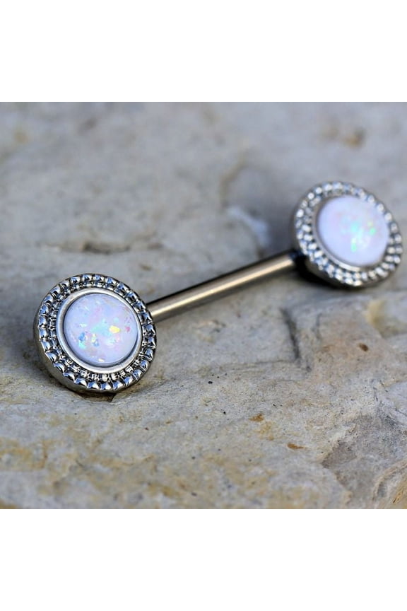 316L Stainless Steel Ornate White Synthetic Opal Nipple Bar