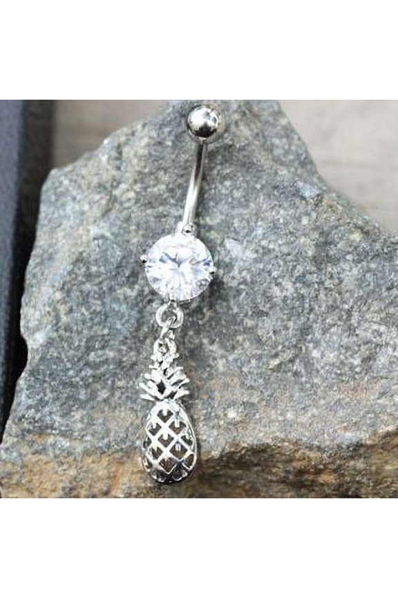 316L Stainless Steel Prong Set CZ Navel Ring with Pineapple Dangle