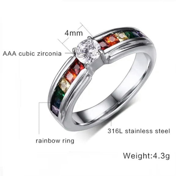316L Stainless Steel Rainbow CZ Ring Female Party Jewelry Wedding Band Size 5-9