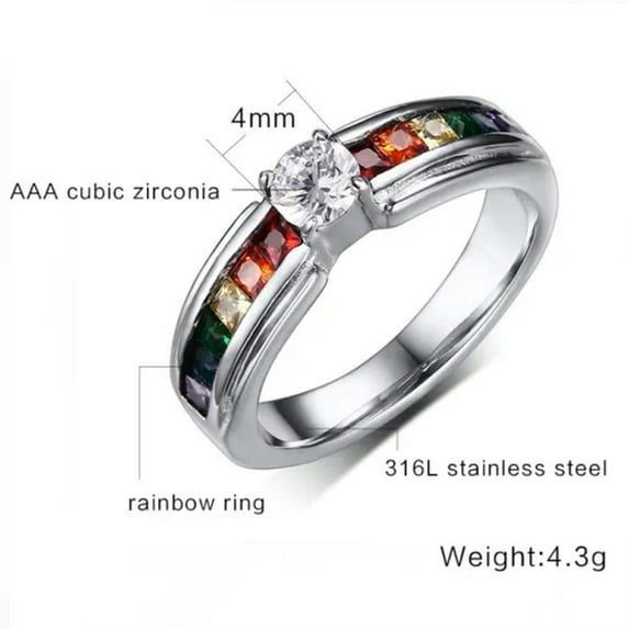316L Stainless Steel Rainbow CZ Ring Female Party Jewelry Wedding Band Size 5-9