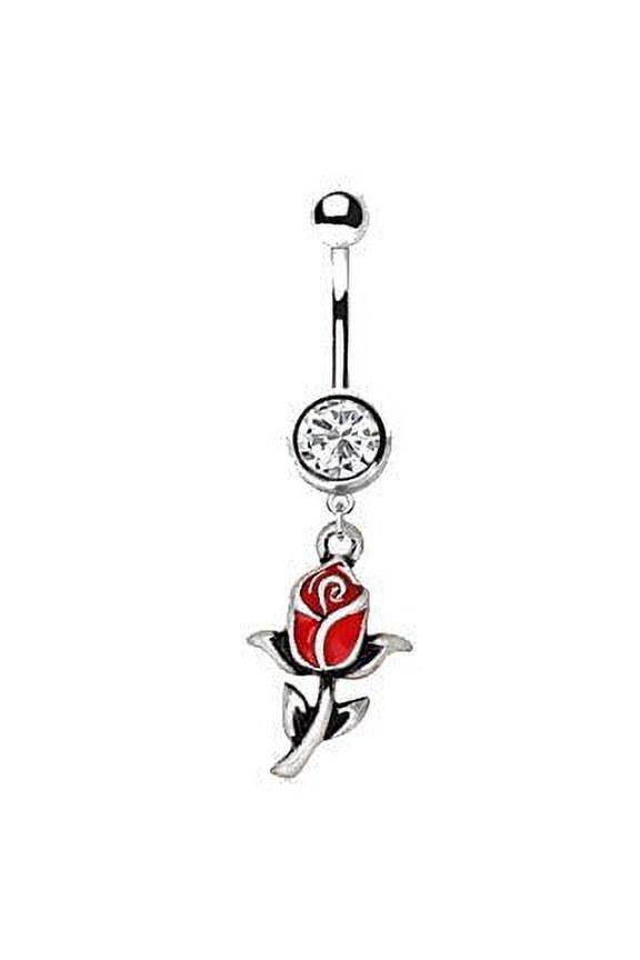 316L Stainless Steel Red Rose Dangle Navel Ring