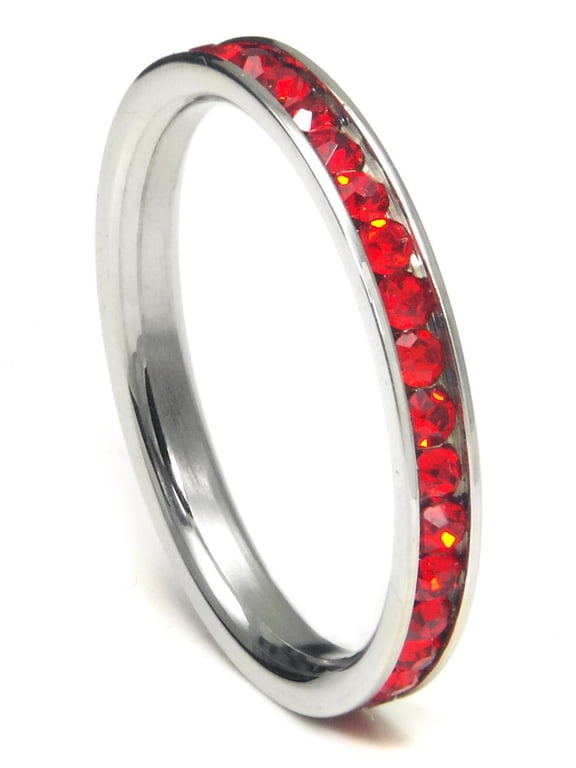 316L Stainless Steel Ruby Red Cubic Zirconia CZ Eternity Wedding 3MM Band Ring Sz 6
