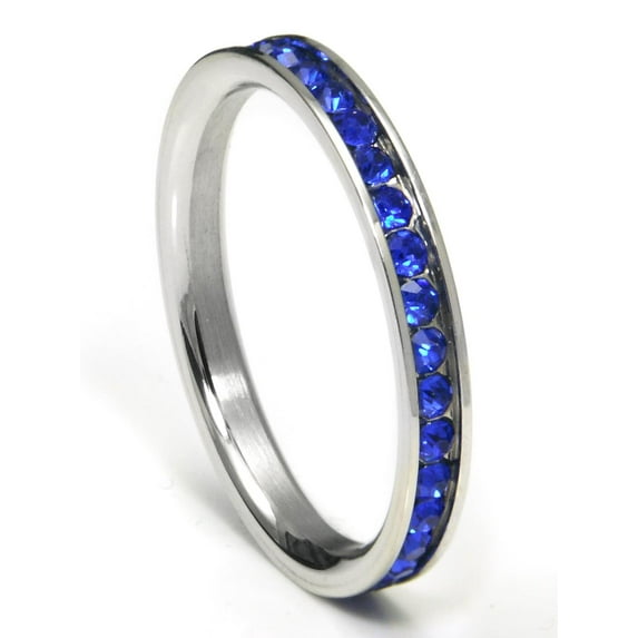 316L Stainless Steel Sapphire Blue Cubic Zirconia CZ Eternity Wedding 3MM Band Ring Sz 10