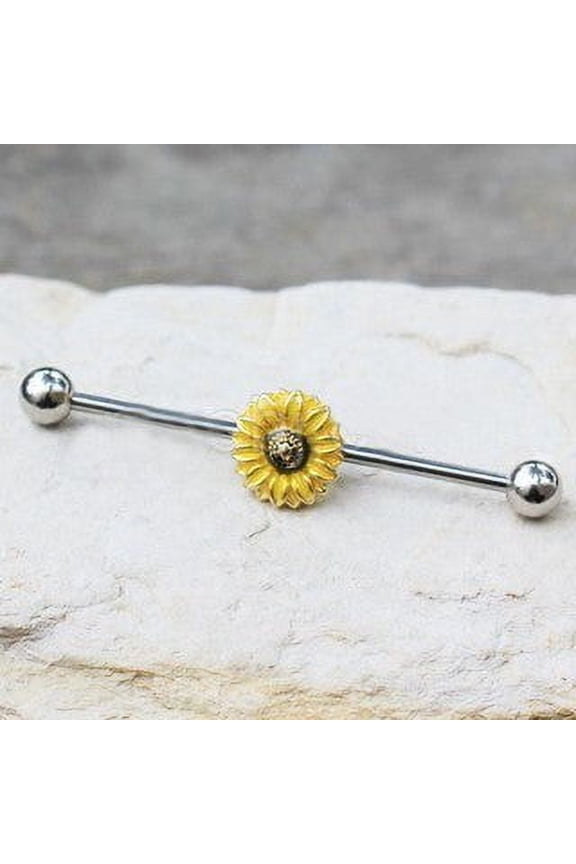 Sunflower 316L Stainless Steel Silvertone Industrial Barbell Body Piercing Jewelry, 1