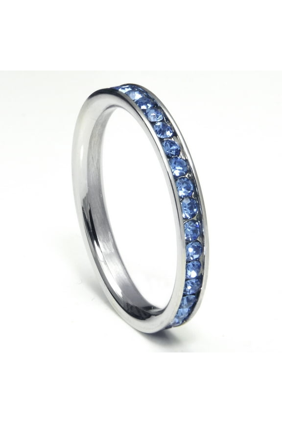 316L Stainless Steel Tanzanite Blue Cubic Zirconia CZ Eternity Wedding 3MM Band Ring Sz 7