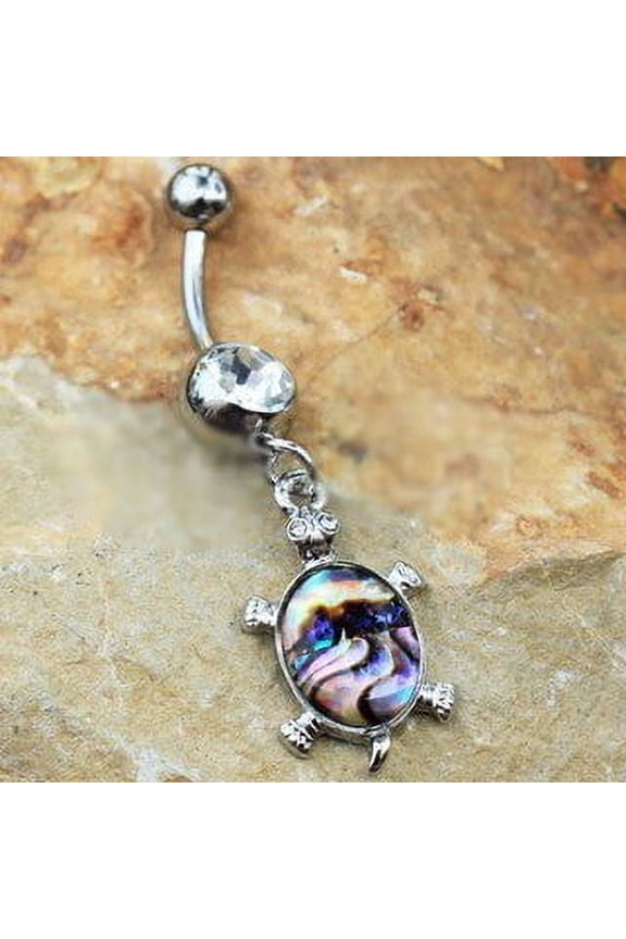 316L Stainless Steel Teal Abalone Inlay Turtle Dangle Navel Ring