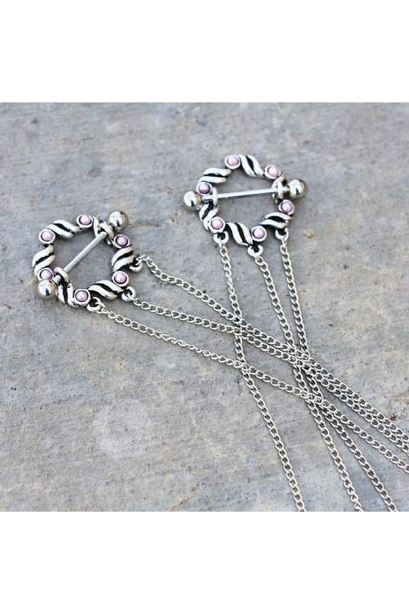 316L Stainless Steel Triple Chain Pink Ribbon Nipple Shields