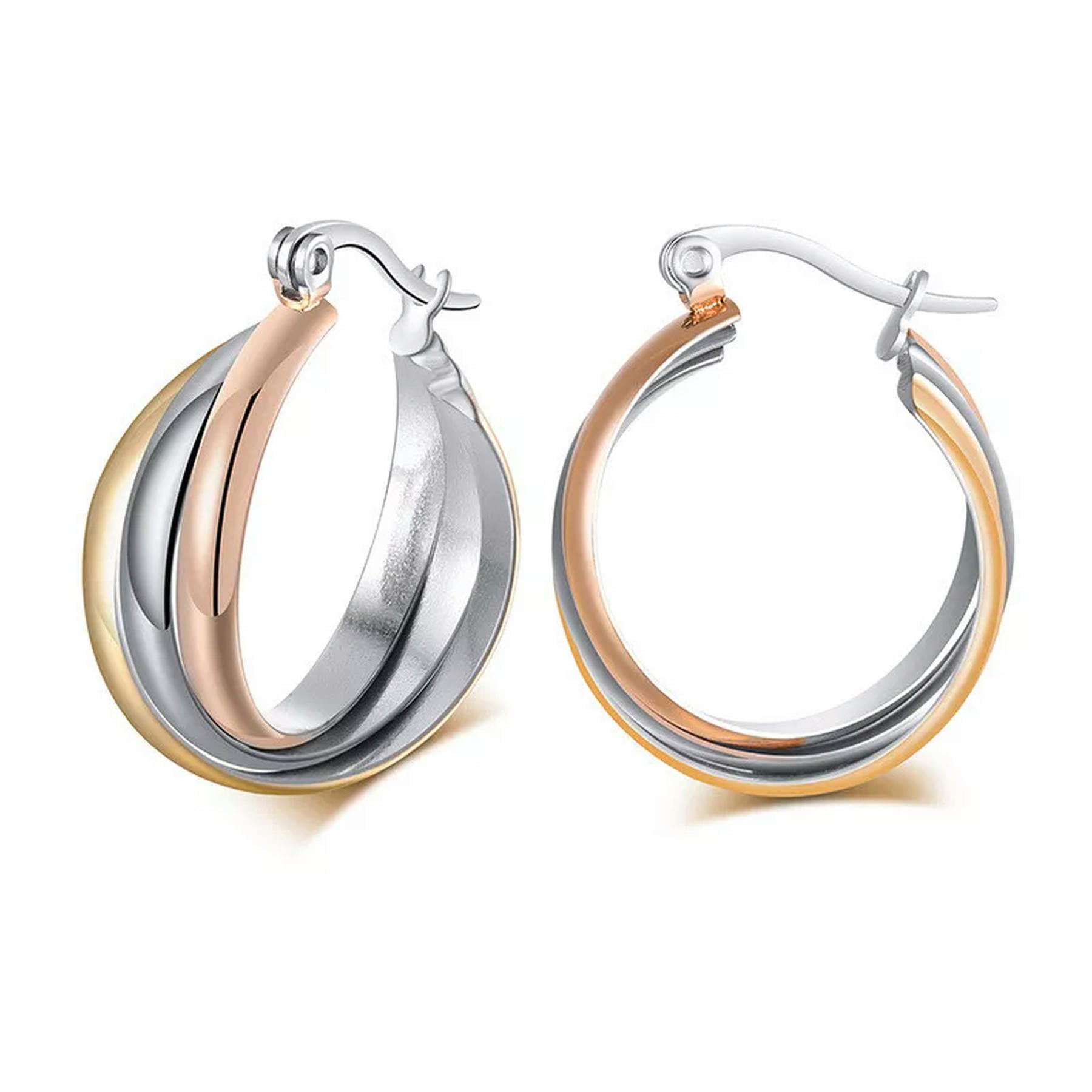 Ear Rim Rolled 316L Stainless Steel Triple Tone Tri-Roll Links Ear Hoop Women's ...