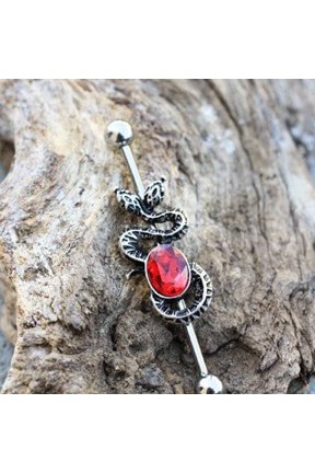 316L Stainless Steel Two-Headed Snake with Ruby Red CZ Industrial Barbell