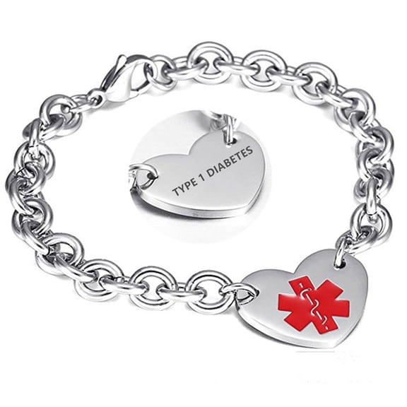 316L Stainless Steel Type 1 Diabetic Engraved Medical Alert Heart Charm Link Bracelet Rolo Chain Medic ID Bracelets Monitoring Awareness for Womens for Outdoor Emergency