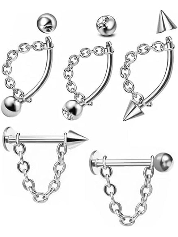 316L Stainless Steel Vertical Labret Lip Piercing Jewelry, 16G 10mm Tragus Helix Rook Earrings with Chain for Women Men 5PCS