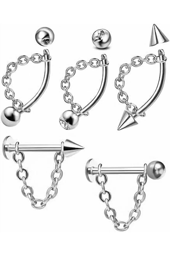 316L Stainless Steel Vertical Labret Lip Piercing Jewelry, 16G 6mm Tragus Helix Rook Earrings with Chain for Women Men