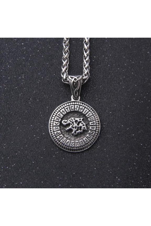 Men's Silver Stainless Steel Viking Wolf Necklace, Fenrir Rune Pendant with Chain