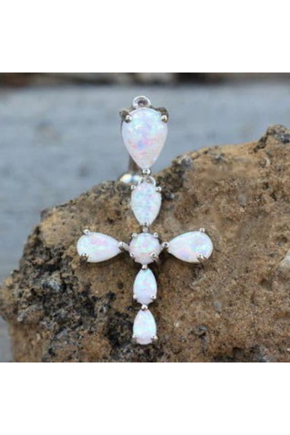 316L Stainless Steel White Synthetic Opal Cross Top Down Navel Ring