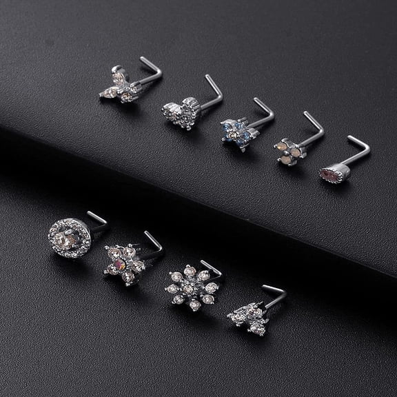 316L Surgical Stainless Steel Clear Cubic Zirconia L-Shaped Nose Rings Flat Round Stainless Steel Color 11mm Pin: 0.8mm